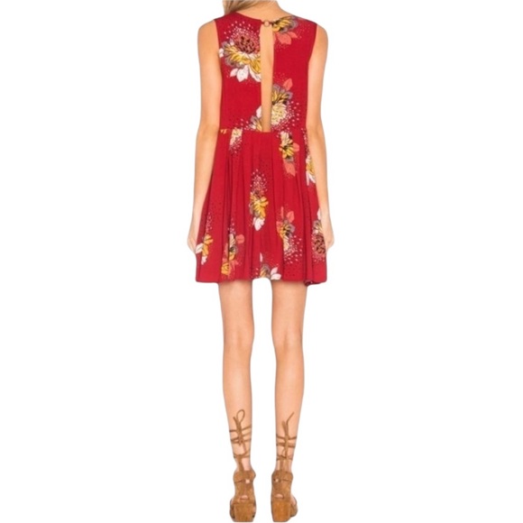 Free People Lovely Day Floral Print Mini Tunic Dress L Red Boho Tie Front Boxy - Picture 9 of 15
